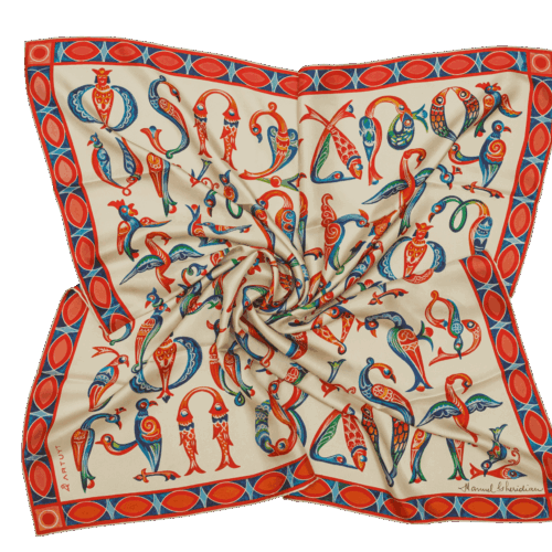 Silk Scarf "Medieval bird-letters"