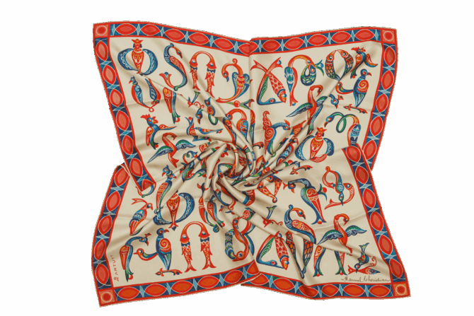 Silk Scarf "Medieval bird-letters"
