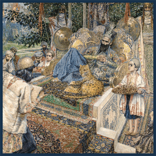 Scarf “Ferdowsi reading “Shahnameh” poem to Shah Mahmud of Ghazni”